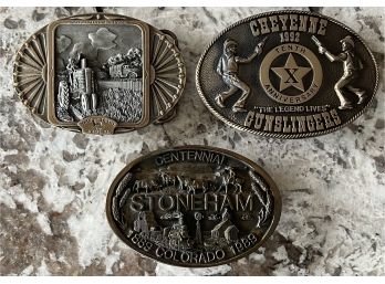 (3) Brass & Bronze Belt Buckles - John Deere, Stoneham Colorado 1989, Cheyenne 1992 Gunslingers