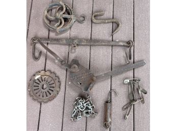 Collection Of Primitive Pulleys, Scale Pieces  Including Baker MFG Company, Landers Improved Balance Scale