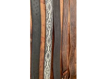 (5) Western Rodeo Tooled Leather Belts Black, Brown, And Gray Size 38 - Nocona, Longhorn Leather And Buckle Co