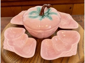 Vintage Belmar California Pottery 310 Pink Strawberry Chip And Dip Set With Solid Oak Table Top Lazy Susan