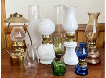 Collection Of Vintage Miniature Oil Lamps - Milk Glass, Hobnail, Metal, Hong Kong With Extra Globes