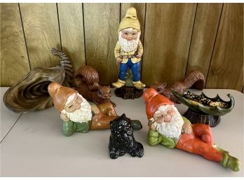 Vintage 70's Hand Painted Gnomes - Squirrels - Cornucopia - Leaf Dish And Stumps