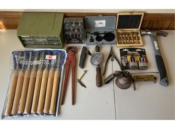 Assorted Tool And Hardware Lot - Wood Turning Set, Router Bits, Hand Drill, 9 Drawer Organizer And More