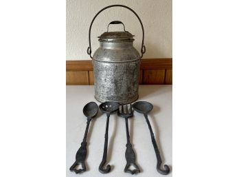 Antique Metal Milk Jug With Lid And 5 Black Iron Open Fire Utensils