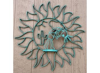 Green Metal Kokopelli And Sun Outdoor Hanging Wall Art Piece