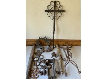 Collection Of Primitive Items- Weights, Pullies, Hames, Casters, Fixtures, Traps, And More