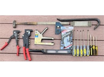 Small Hand Tool Lot - Pop Rivet Tools, Staple Gun, Screw Drivers, And More