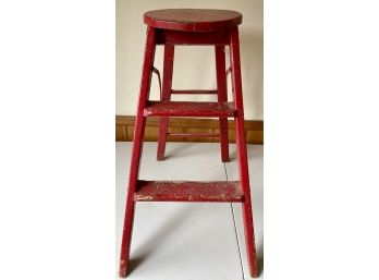 Vintage Red Metal And Wood Folding Step Stool