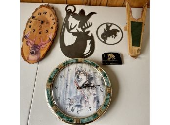 Collection Of Western Wall Hangings, Clocks, Boot Pull, And More