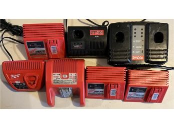 Assorted Ryobi And Milwaukee 18v Battery Charging Stations