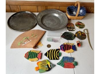 Eclectic Lot - Longaberger Basket, Small Sword, Antique Pewter Plate, Fan, Fish Coasters, Australian Penny