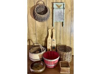 Collection Of Vintage Baskets, Washboard, Paddles, Fruit Basket, Wood Bowl, And More