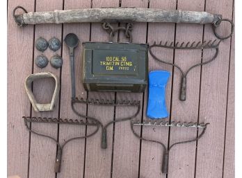 Vintage And Antique Lot - Yoke, 50 Caliber Ammo Box, Tool Heads, And More