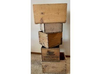 Collection Of Vintage Wood Crates Including California Home Brand Tomato Catsup