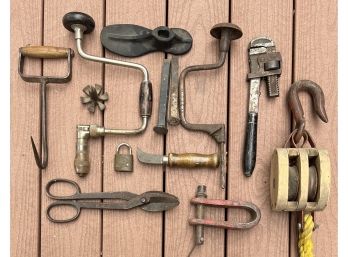 Vintage And Antique Collection - Hand Drills, Bailing Hook, Hoist, And More