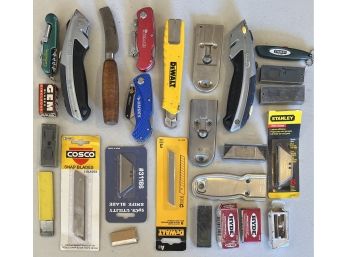 Collection Of Box Cutters, Utility Knives, And Blades - Husky, DeWalt, Pittsburgh, And More