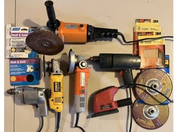 Lot Of Assorted Corded Power Tools - Sanders, Angle Grinders, Drivers, Detail Sander, And Pads (as Is)