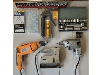 Tool And Hardware Lot - 1/2 Inch Hammer Drill, 1/4 Inch Driver, Sockets, And More