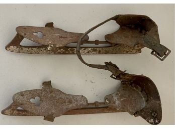 Pair Of Antique Metal Ice Skates With Leather Adjustable Straps