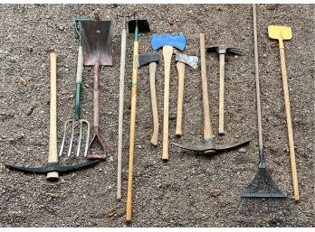 Lot Of Hand Tools - Pickaxes, Shovel, Axes, Rakes, And More