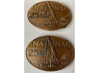 (2) National 25 Years Of Quality Limited Edition Solid Brass Belt Buckles 15/500, 25/500