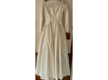 Vintage Satin, Lace, And Sequin Bow Back Wedding Dress With Covered Satin Buttons