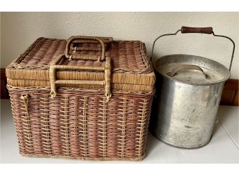 Tin Pail With Lid And Wood Handle, Antique Wicker Basket With Insert