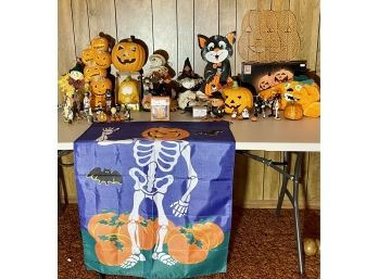 Large Lot Of Vintage Halloween Decorations - Pumpkins - Troll - Miniatures Trees - Ornaments - Paper Cat -Flag