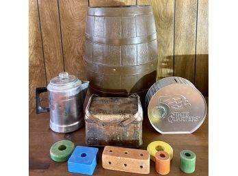 Plastic Toy Barrel With Wood Blocks, Union Leader Cut Plug Tobacco Container - 50 States Quarter Bank & More