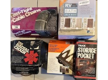 (2) Sets Of Cable Tire Chains, RV Bath In A Box, Truck Storage Pocket, And More