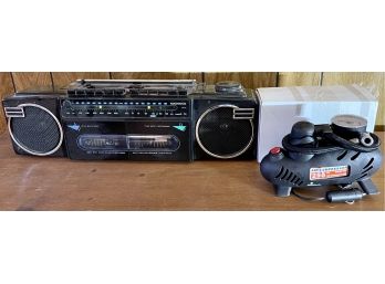 Magnovox D-8077 AM/FM Radio With Double Tape Deck & Speakers (works) & 250 PSI Air Compressor For Vehicle