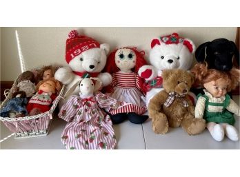 Collection Of Stuffed Animals And Dolls - Raggedy Ann Doll, Santa's Club Bears, Uneeda Doll, James River,&more