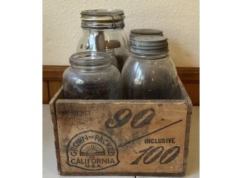 Antique Grown And Packed California Wooden Crate With Assorted Antique Jars