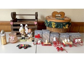 Vintage Dresser Lot - Sunflower Basket, Teddy Bear Ornament Collection Avon, Japan Figurines, And More