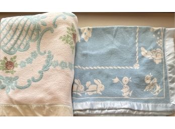 (2) Vintage Cotton Blankets With Satin Trim (1) With Bunnies And Chicks (1) With Flowers