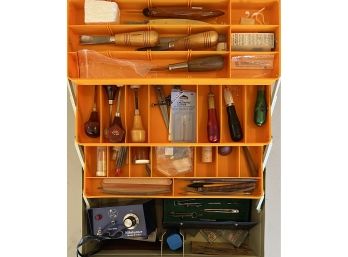 Rebel Tackle Box With Assorted Wood Working Tools - Gouges, Chisels, Electric Wood Burner, And More