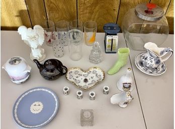 Glassware Lot - Swanky Swigs With Boats - Wedgewood - Ceramic Angel - Candleholders & More