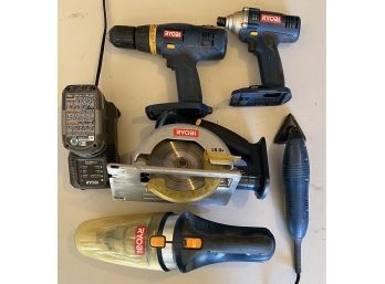 Collection Of Ryobi Tools Including 5.5 Inch Circular Saw, 0.5 Inch Driver, Impact Driver, Charger, And More