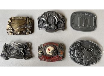 (6) Vintage Belt Buckles - Bergamot 1978, 1979, Siskiyou Limited Edition Wyoming, Nebraska 1996, Zee Series