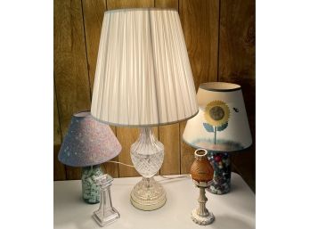 (3) Vintage Lamps - Crystal Ball Jar With Domino's, Filled With Buttons, Hurricane, One Extra Duck Lampshade