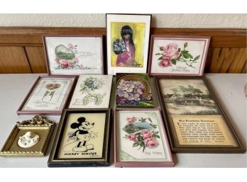 Collection Of Framed Antique Postcards - Mickey Mouse Reliance, De Grazia, The Buzza Co. Freindship, And More