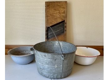 Collection Of Antique And Vintage Enamelware, Wood Slicer, And Tin Bucket