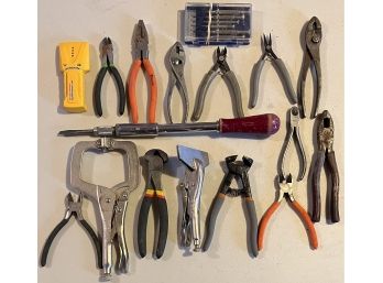 Small Lot Of Hand Tools - Pliers, Snips, Stud Finder, Precision Screw Driver Set, And More