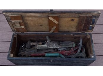 Antique Chest With Assorted Vintage And Antique Tools