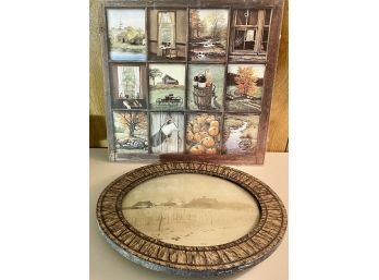 Antique Oval Frame With Convex Glass And Old Farm Photograph &  A Mitchell Print In Acrylic Frame