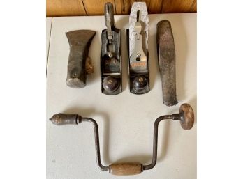 Lot Of Vintage Tools - (2) Planers (1) Stanley, Hand Drill, 2 Axe Heads