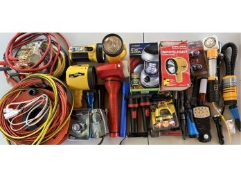 Large Collection Of Assorted Flashlights, Extension Cords, Head Lamps, And Jumper Cables