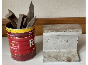 Vintage Piece Of Rare Steel Railroad Track Anvil  And Some Antique Railroad Nails