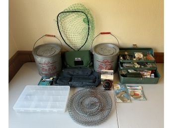 Fishing Accessory Lot - Min-o-life Buckets, Cabela's Fly Reel, My Buddy Tackle Box, And More