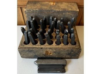 Antique Steel Leather Stamp Set With Wooden Box